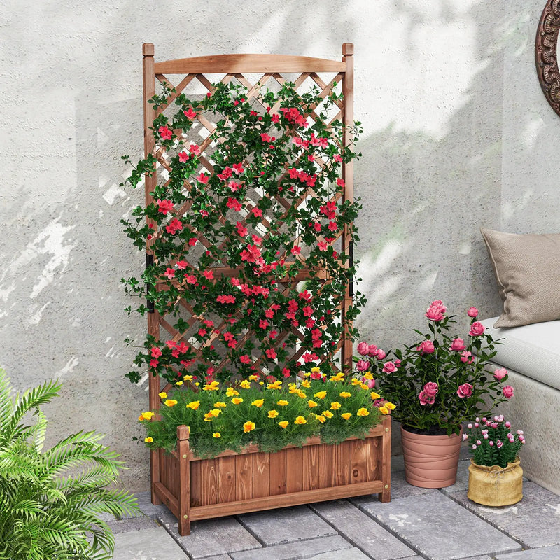 60 Inch Tall Raised Garden Bed with Diamond Lattice Trellis and Drainage Holes by DirectDeals