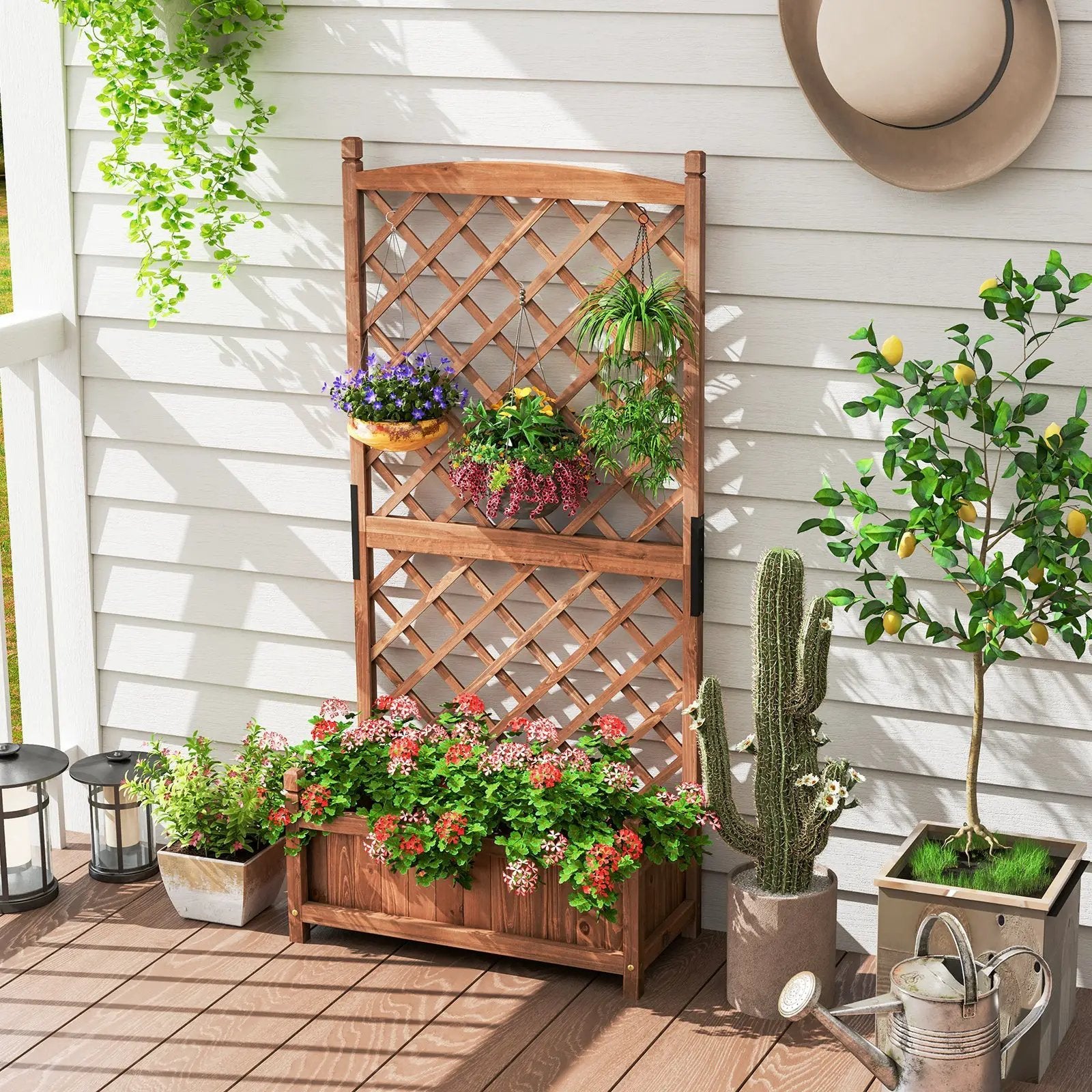 60 Inch Tall Raised Garden Bed with Diamond Lattice Trellis and Drainage Holes by DirectDeals