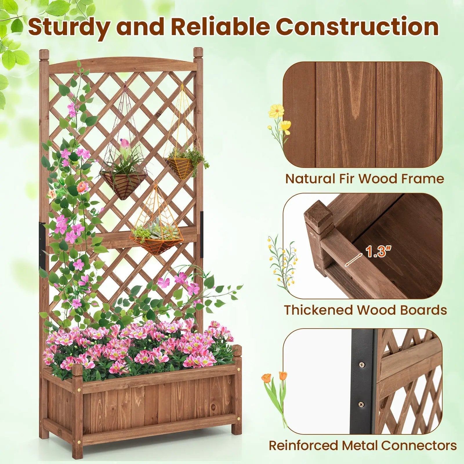 60 Inch Tall Raised Garden Bed with Diamond Lattice Trellis and Drainage Holes by DirectDeals
