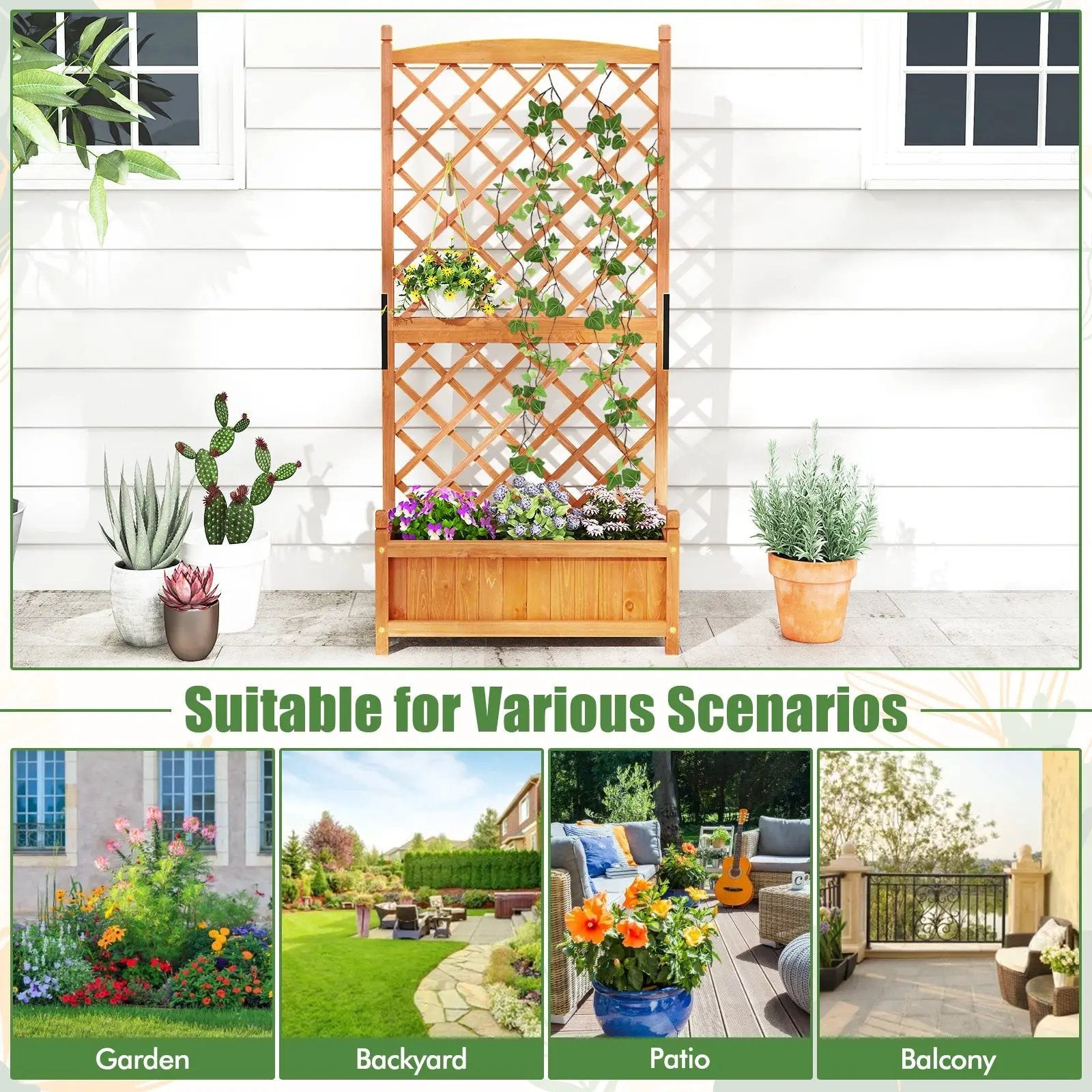 60 Inch Tall Raised Garden Bed with Diamond Lattice Trellis and Drainage Holes by DirectDeals
