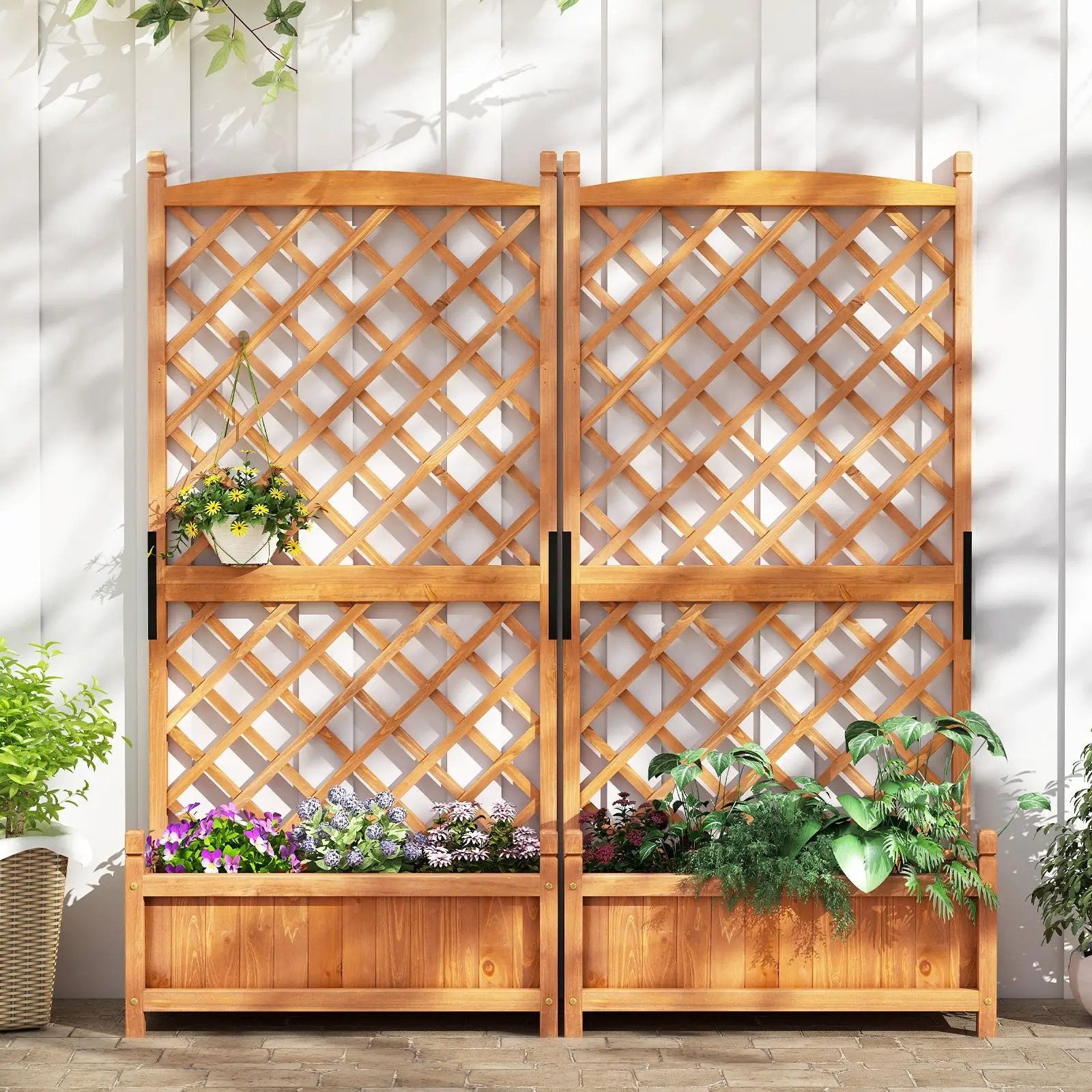 60 Inch Tall Raised Garden Bed with Diamond Lattice Trellis and Drainage Holes by DirectDeals