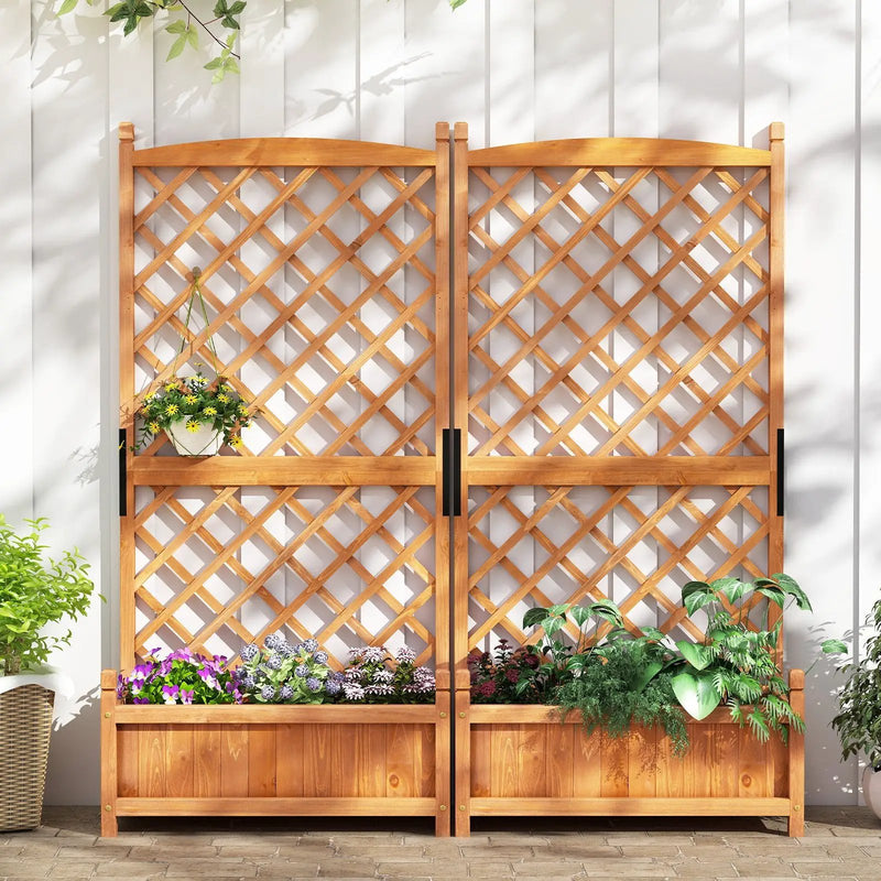 60 Inch Tall Raised Garden Bed with Diamond Lattice Trellis and Drainage Holes by DirectDeals