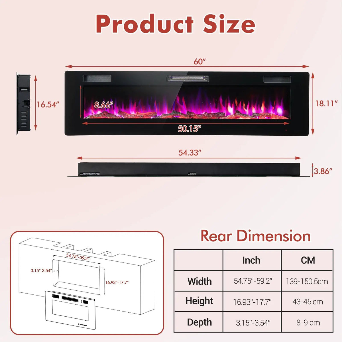 60 Inches Ultra-thin Electric Fireplace with Remote Control and Timer Function by DirectDeals