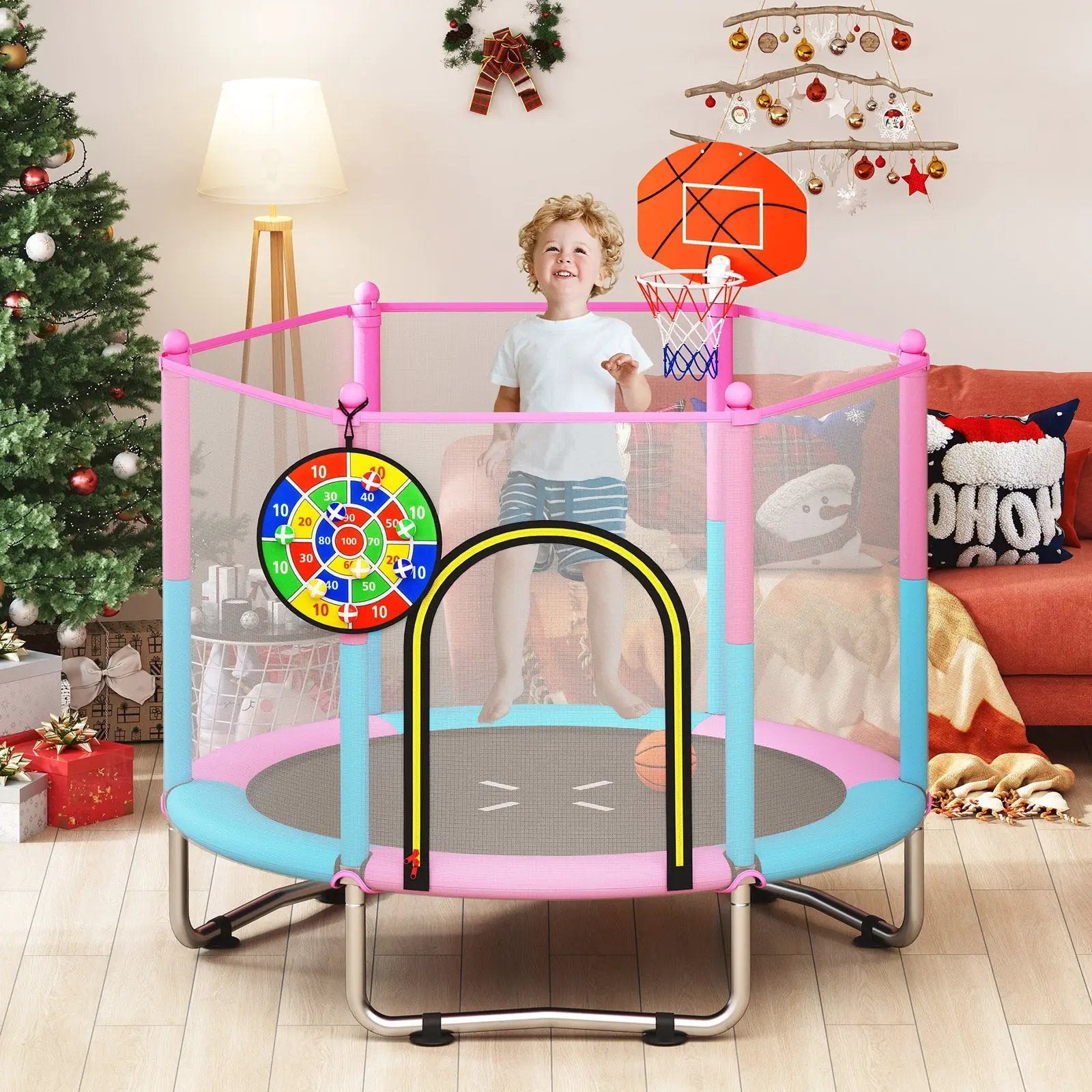60 inch Kids Trampoline Toddler Recreational Trampoline with Basketball Hoop-Macaron by DirectDeals
