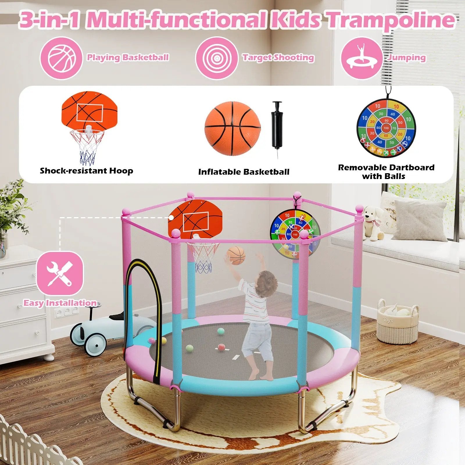 60 inch Kids Trampoline Toddler Recreational Trampoline with Basketball Hoop-Macaron by DirectDeals