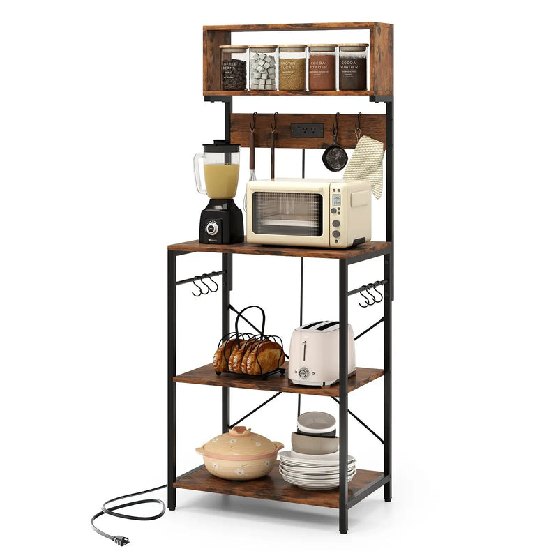 60 Inch Tall Microwave Stand with Open Shelves and 10 Hanging Hooks-Rustic Brown by DirectDeals
