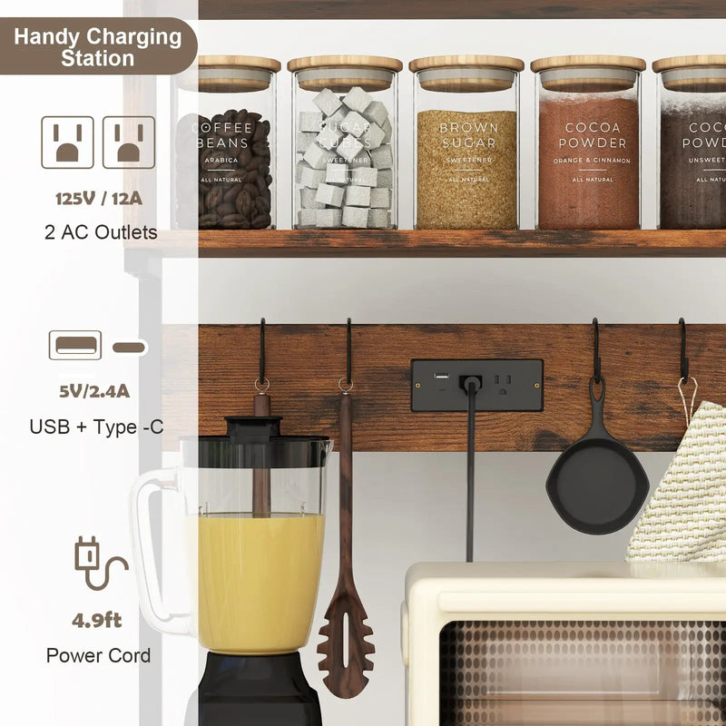60 Inch Tall Microwave Stand with Open Shelves and 10 Hanging Hooks-Rustic Brown by DirectDeals
