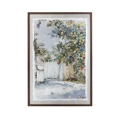 31.5x47.2' Hand-Painted Courtyard Scene Canvas Wall Art with Textured Pine Wood Frame by HouseOfZazla