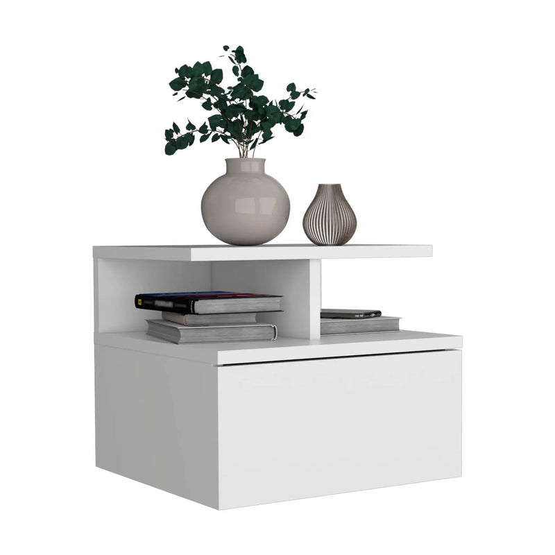 Floating Nightstand Wall Mounted With Single Drawer And 2 Tier Shelf - White by Unique Piece Furniture