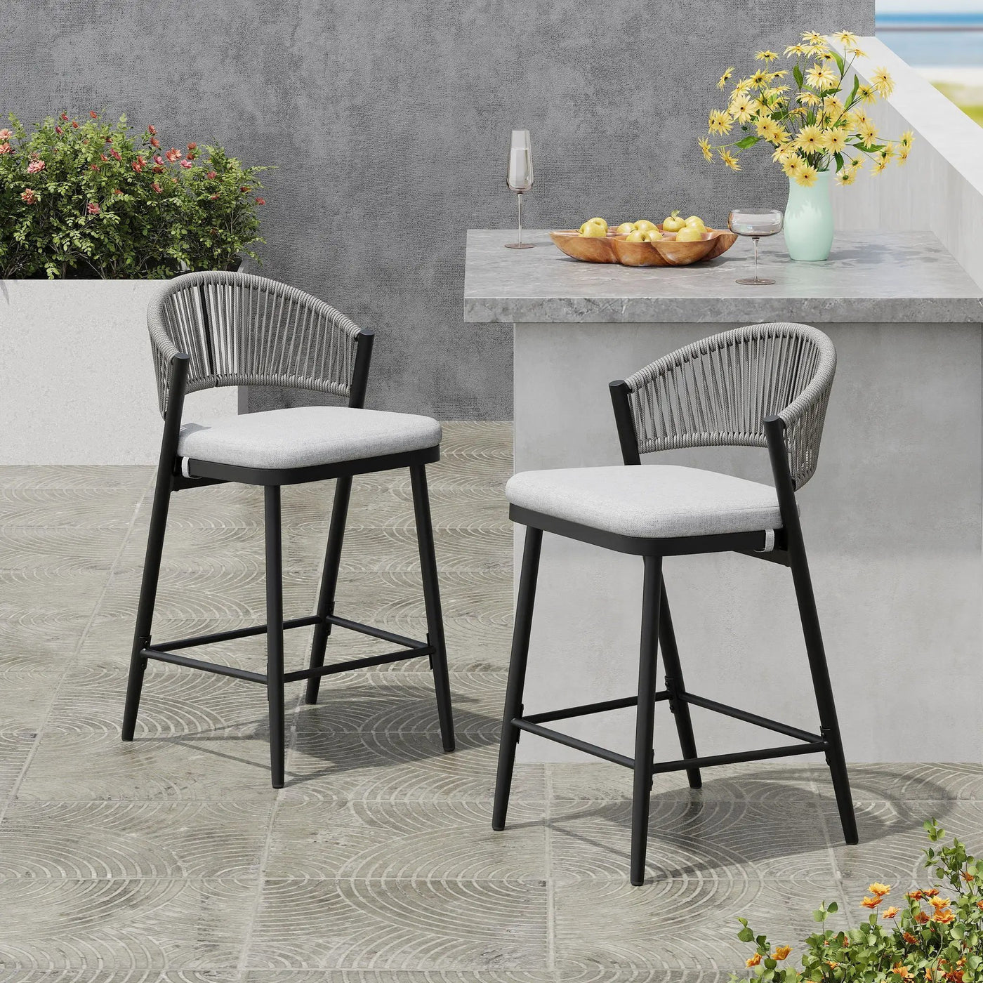 Outdoor 26" Counter Height Metal Frame Counter Stools With Scallop Shaped Backrest & Water Resistant Cushions by HouseOfZazla