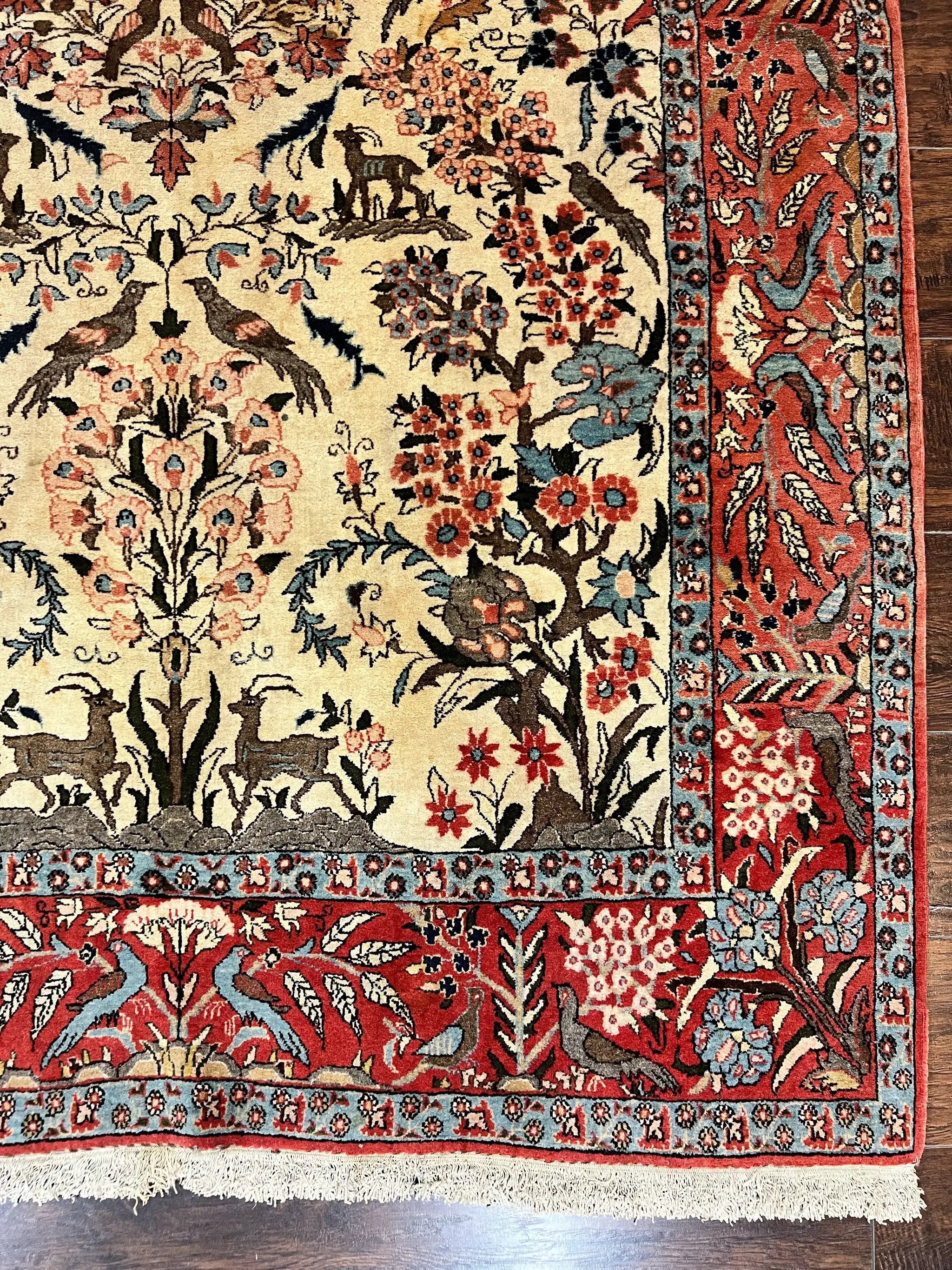 Persian Tree of Life 5x7, Qum Rug, Animal Motifs, Deer Birds, Fine 225 KPSI, Semi Antique Wool Rug, Cream Red by Jewel Rugs