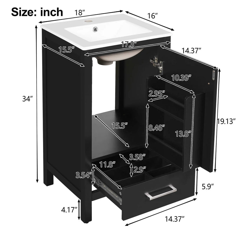 Bathroom Vanity With Ceramic Sink, Soft Close Drawers, Door Organizer, Divider Drawer, Adjustable Foot Pads by HouseOfZazla