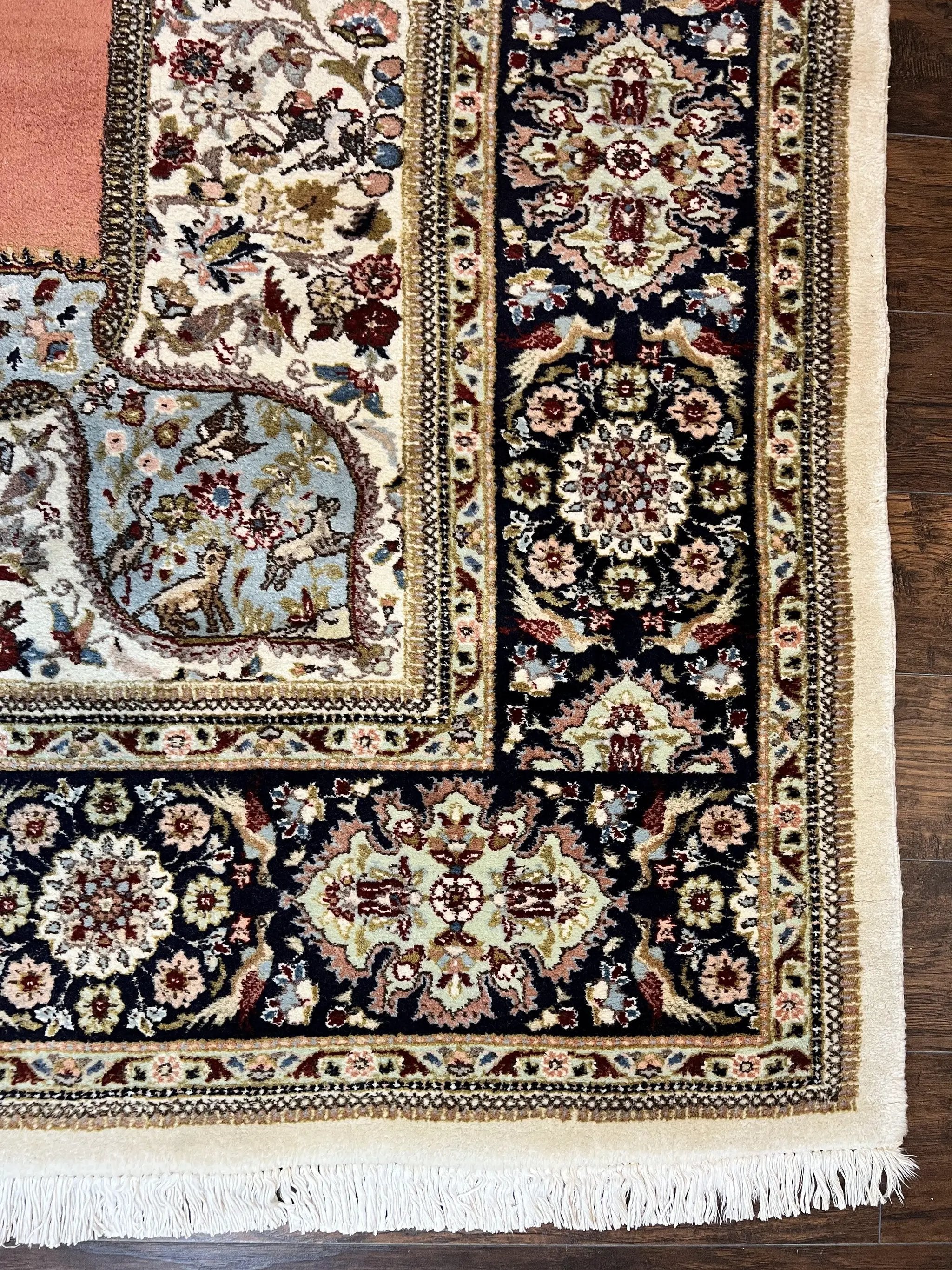 Persian Tabriz Rug 10x13, Wool Hand Knotted Vintage Carpet, Salmon Red & Ivory, Semi Open Field, Birds & Animal Motifs, Large Rug by Jewel Rugs