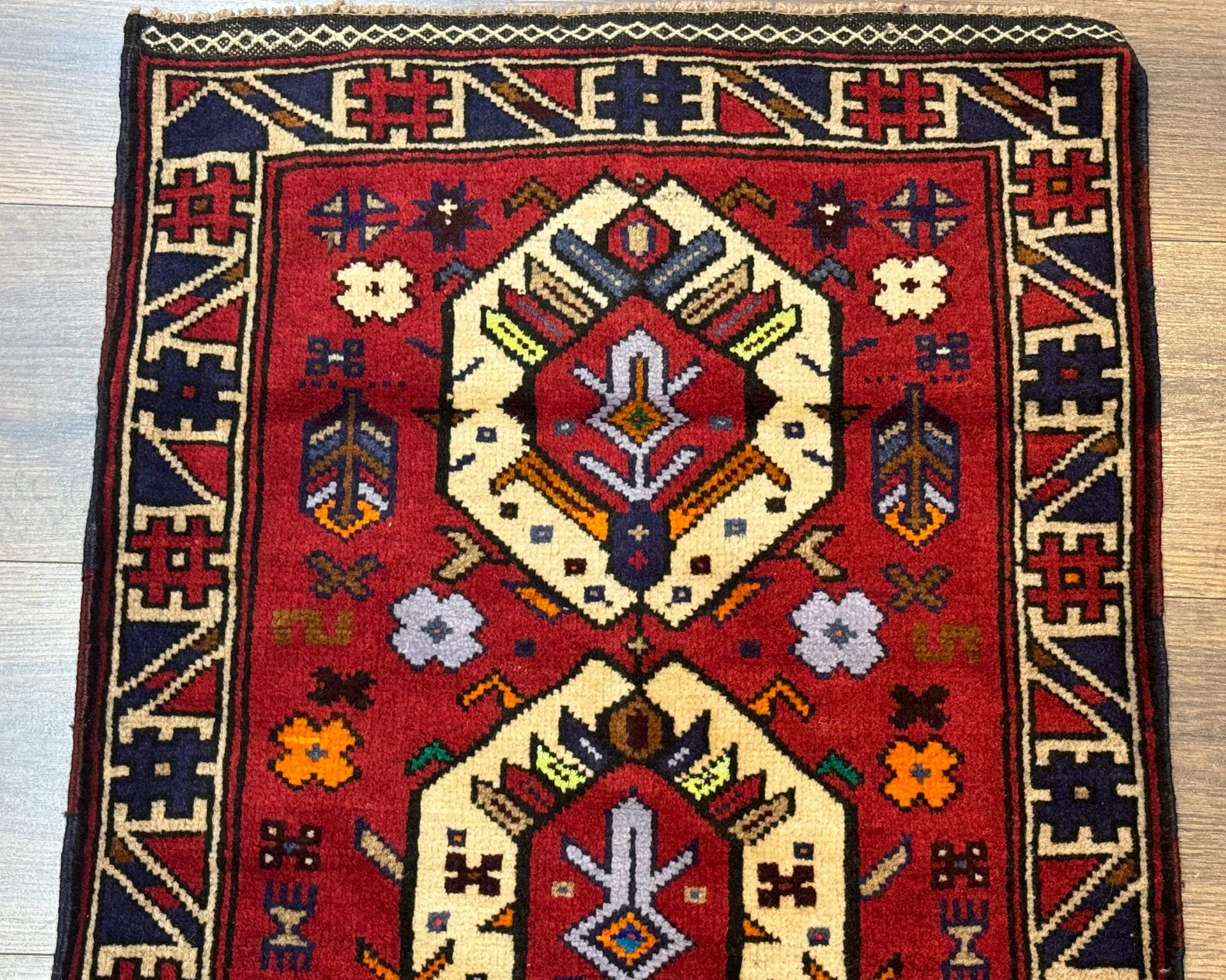 Small Persian Tribal Rug, Red and Ivory, Baluch Rug by Jewel Rugs