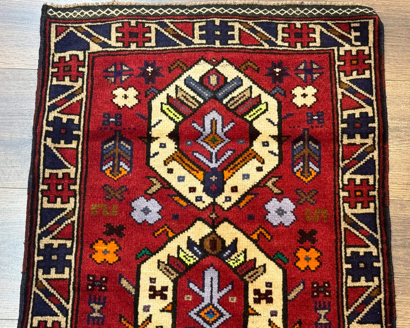 Small Persian Tribal Rug, Red and Ivory, Baluch Rug by Jewel Rugs