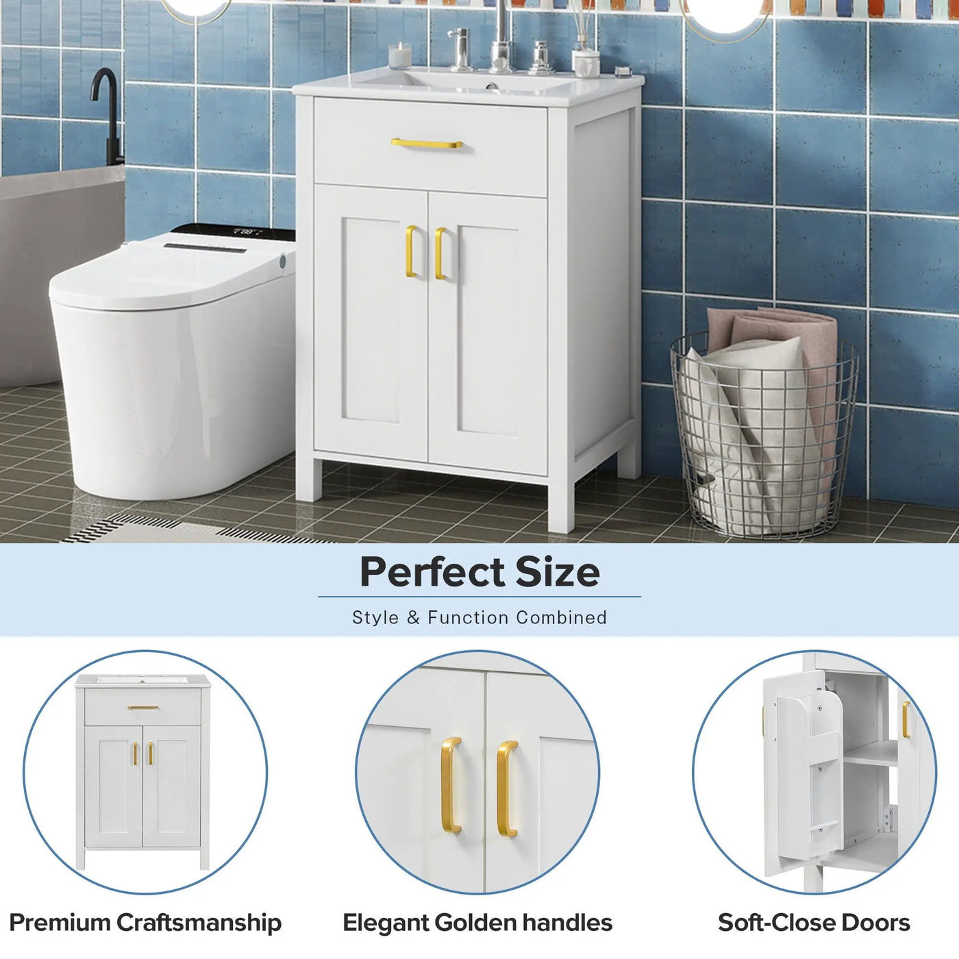 Modern Bathroom Vanity With Ceramic Sink, Soft-Close Doors, Flip Drawer, U-Shaped Shelves, Elegant Storage Solution by HouseOfZazla