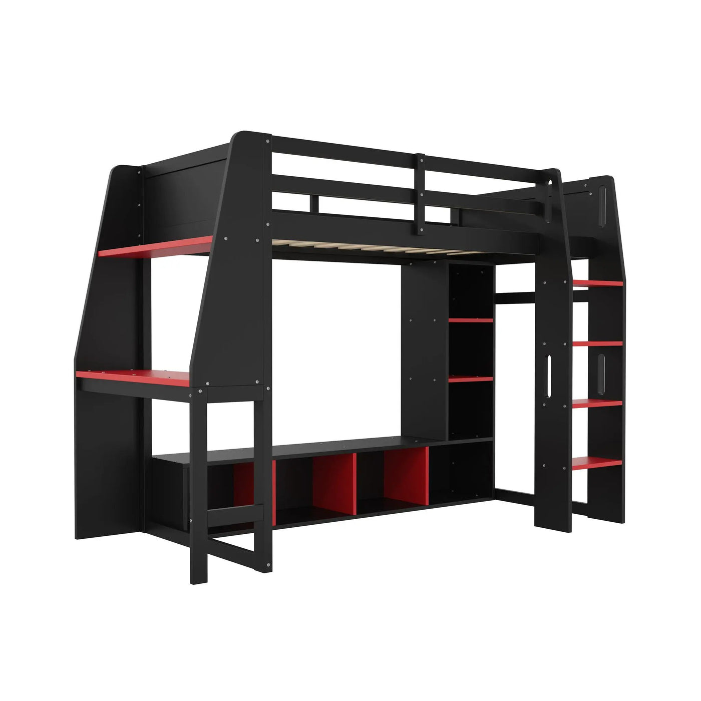 Gaming Loft Bed With Desk, Multi Storage Shelves, LED Lighting, And Hanging Clothes Rack by HouseOfZazla