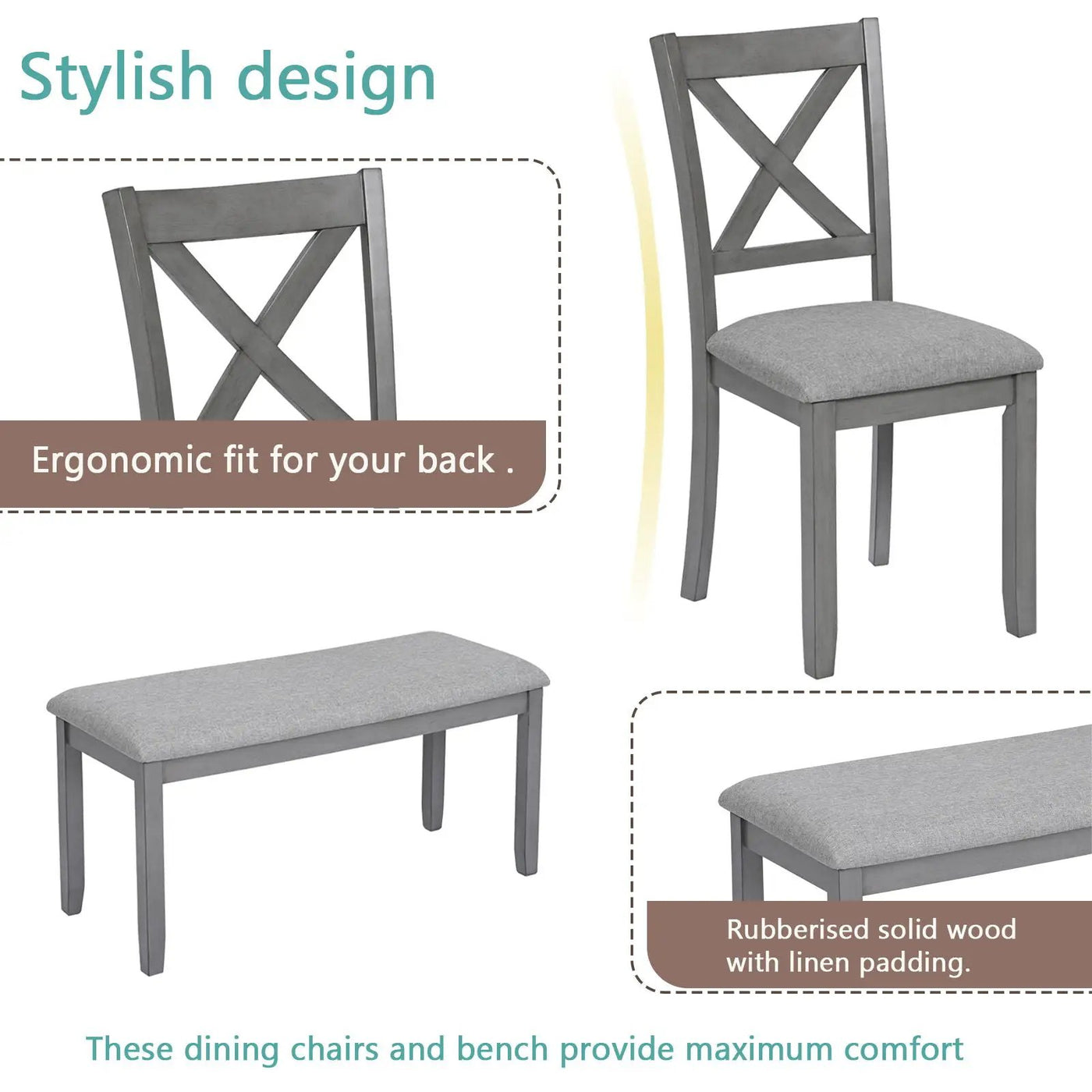 6 Pieces Kitchen Dining Set, Rectangular Wooden Dining Table With 4 Chairs And A Bench by HouseOfZazla