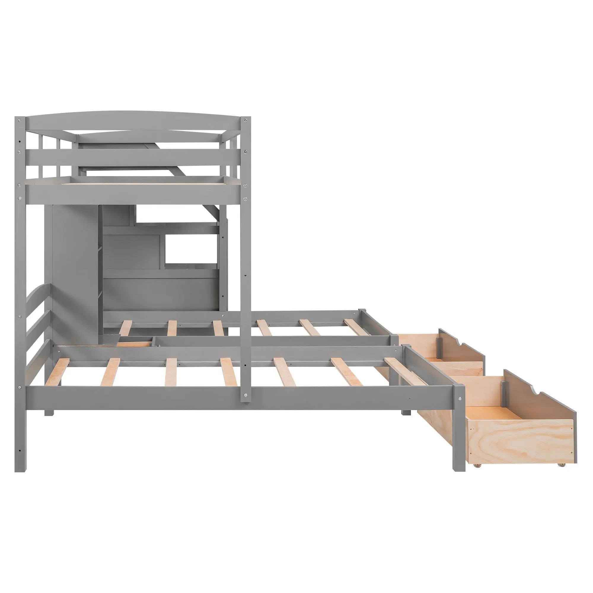 Twin Over Twin & Twin Bunk Bed With Drawers, Staircase Storage, Built In Shelves - Gray by HouseOfZazla