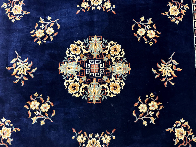 Chinese Wool Rug 8x11, Navy Blue and Terracotta, Floral, Couristan Belgium Power Loomed Carpet by Jewel Rugs