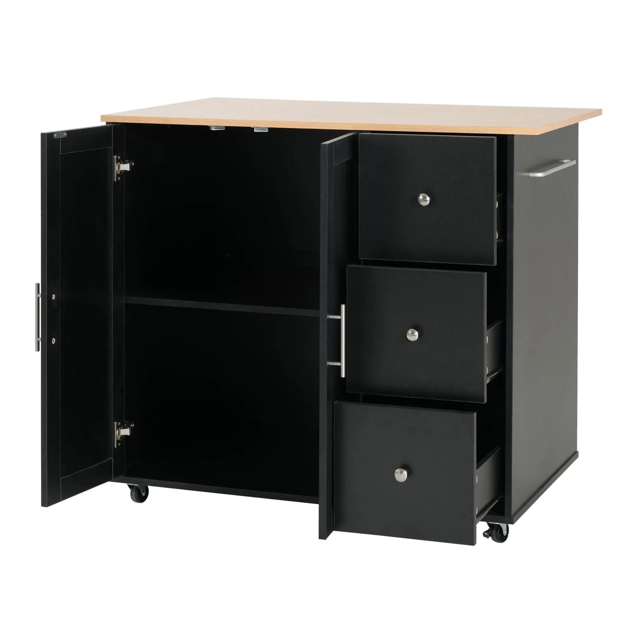 Mobile Kitchen Cart With Storage With 2 Doors, 3 Drawers & Adjustable Shelf - Black / Natural by HouseOfZazla