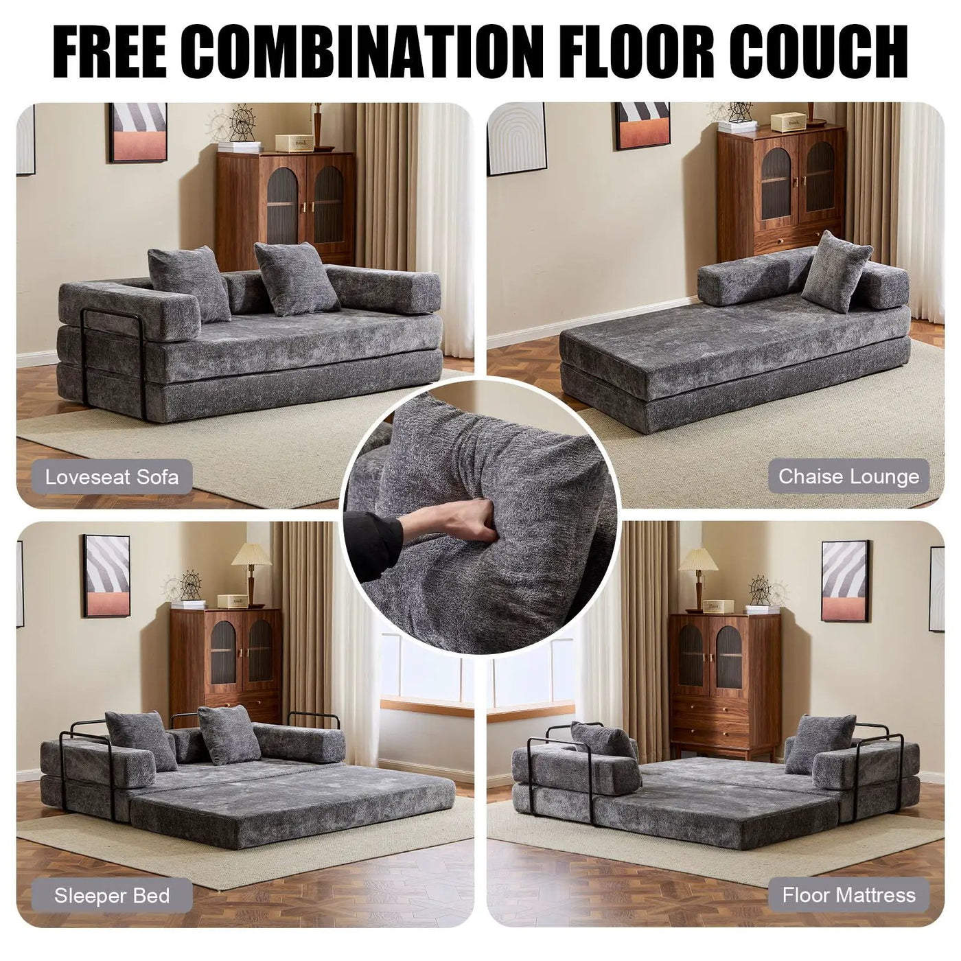 Convertible Floor Sofa Bed With Pillow Back Support Armrest by Unique Piece Furniture