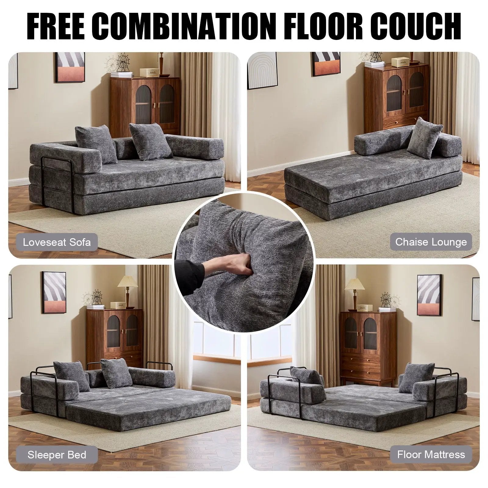 Convertible Floor Sofa Bed With Pillow Back Support Armrest by Unique Piece Furniture