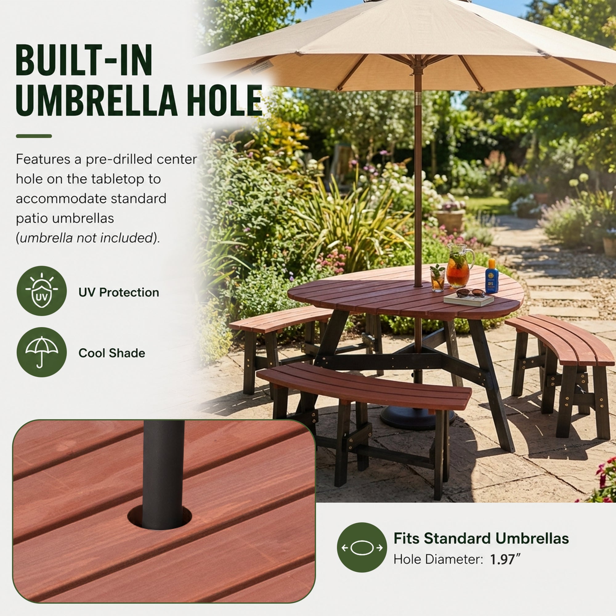 6-Person Semi-Circular Outdoor Solid Fir Wood Picnic Table Set, Rustic by HouseOfZazla