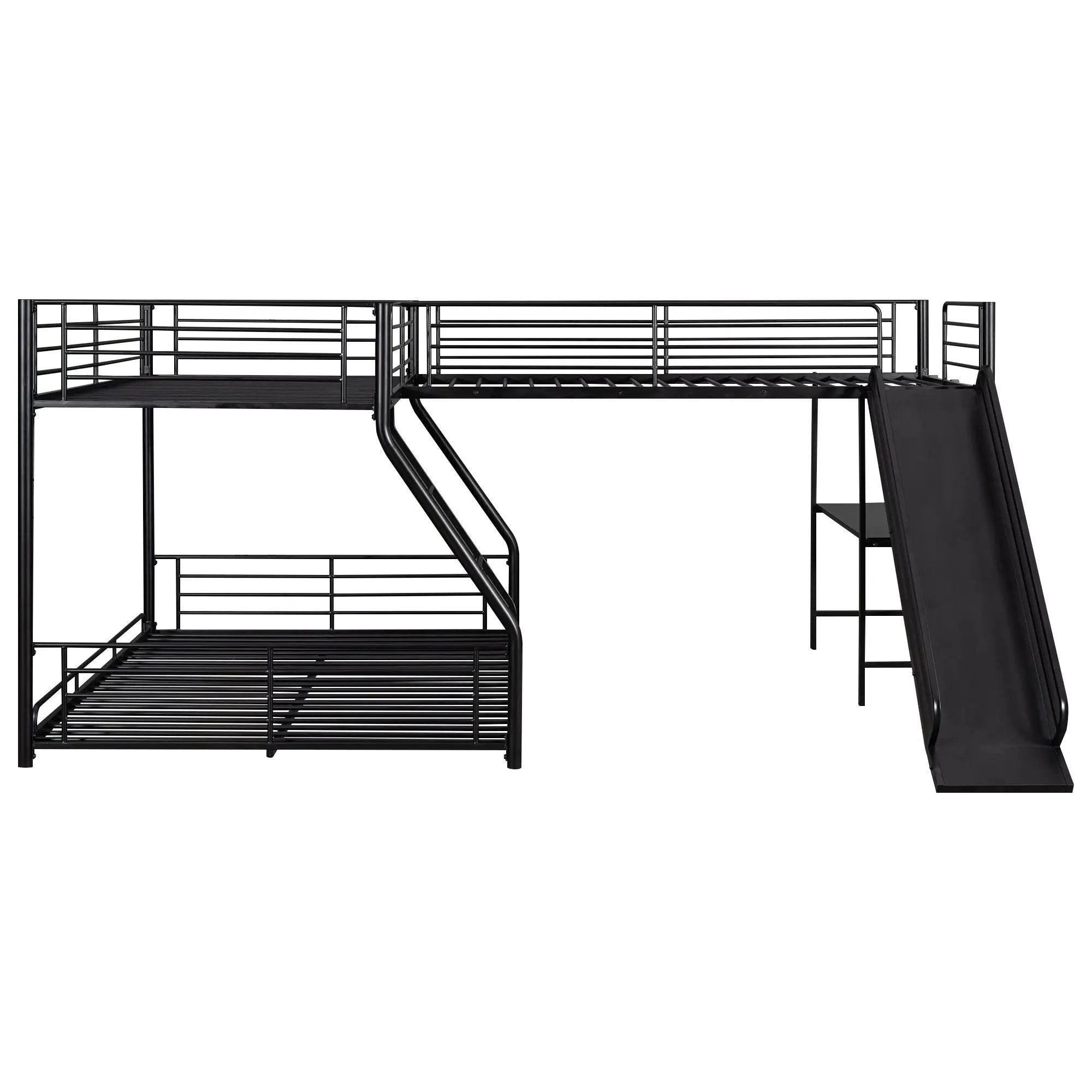 L-Shaped Twin Over Full Bunk Bed With Twin Loft, Built In Desk And Slide - Black by HouseOfZazla