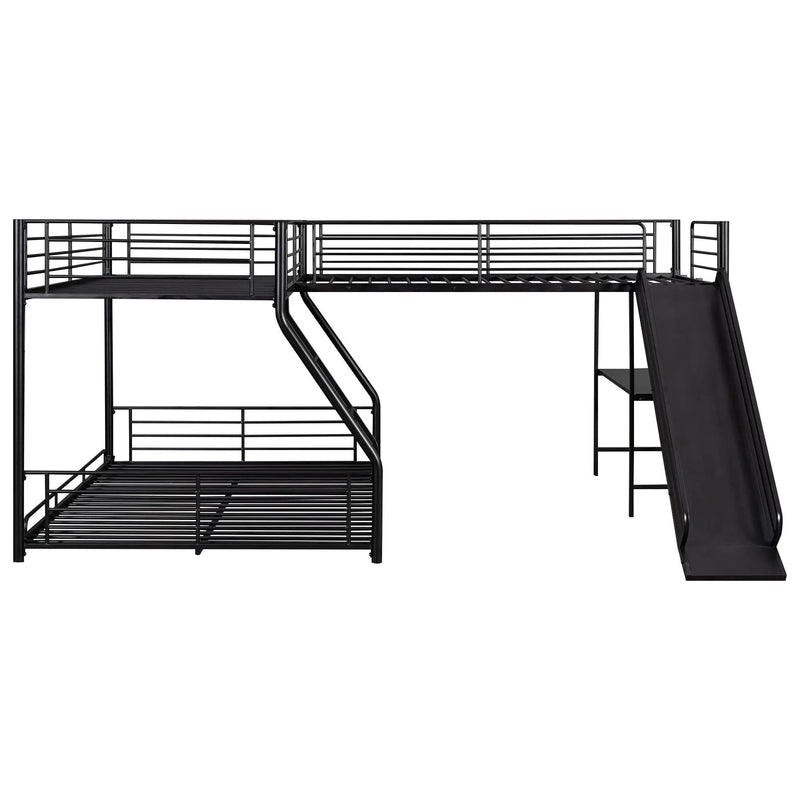 L-Shaped Twin Over Full Bunk Bed With Twin Loft, Built In Desk And Slide - Black by HouseOfZazla