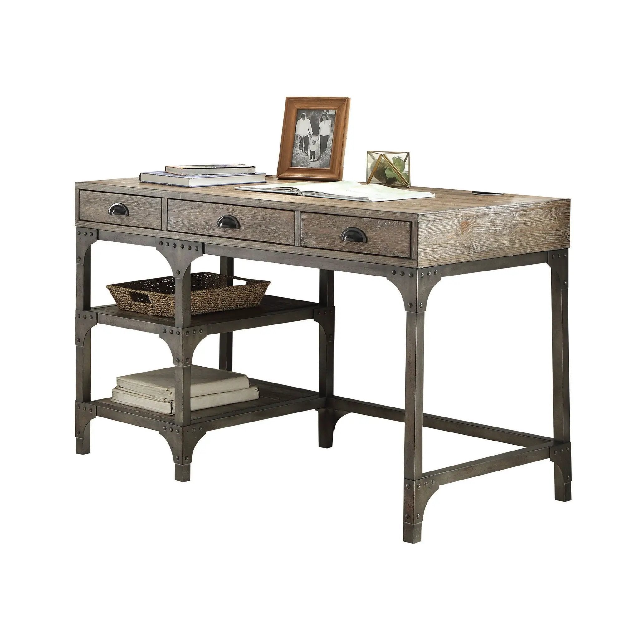 Gorden - Weathered Antique Metal Writing Desk - Oak by HouseOfZazla