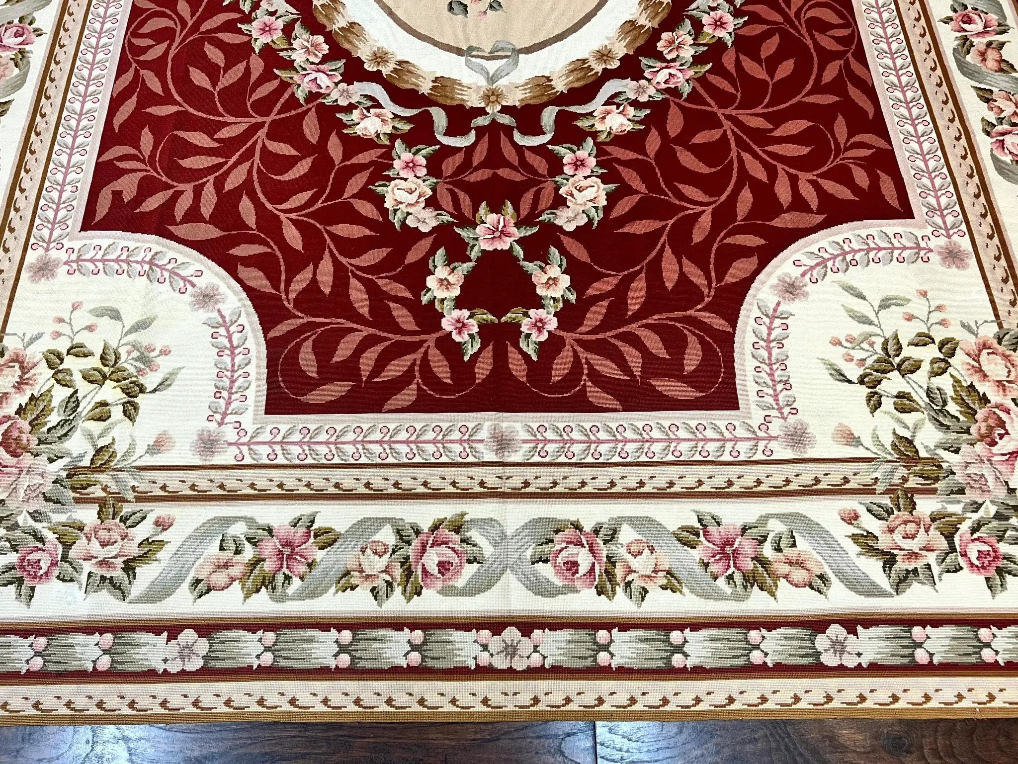Wonderful Aubusson Rug 9x12, Handmade Vintage Needlepoint Carpet, Red and Ivory, Elegant European Design, Wool by Jewel Rugs