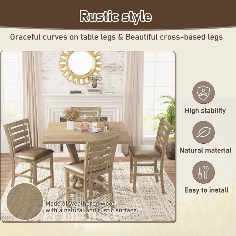 5 Pieces Set Counter Table Set Square Counter Table Solid Wood Modern Farmhouse Rustic Look Distressed Look - Grayish Brown by Unique Piece Furniture