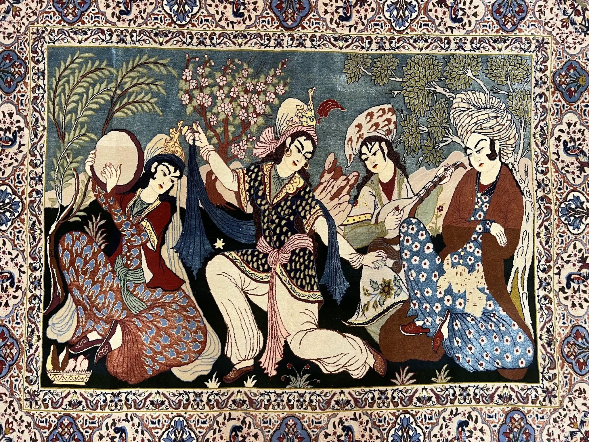 Persian Pictorial Rug 5 x 4 ft, Persian Isfahan Rug, Kork Wool on Silk Foundation, Signature from Master Weaver, Drums and Musical Instruments, Birds, Detailed by Jewel Rugs