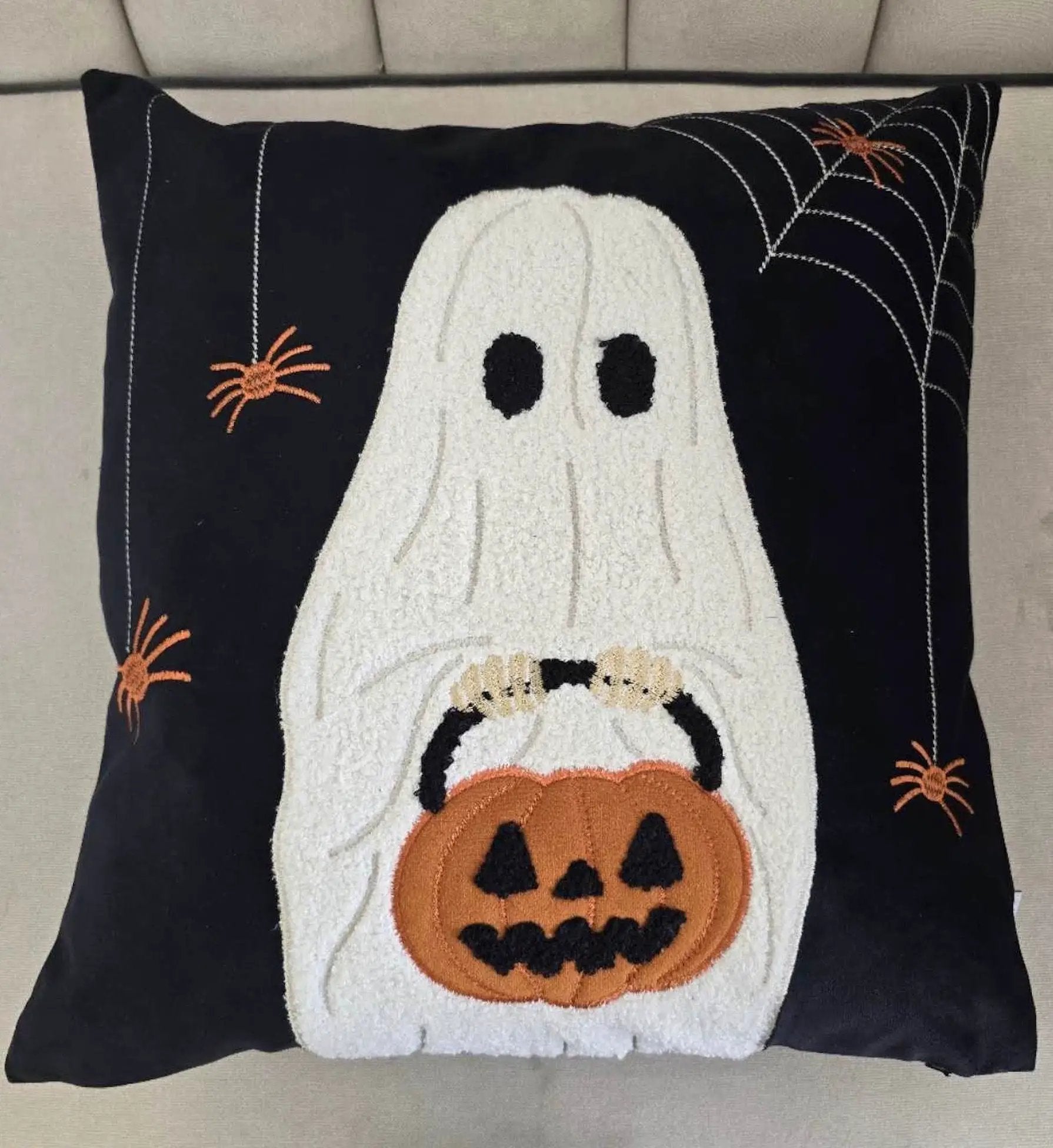 Halloween Ghost With Pumpkin Bucket Throw Pillow by HouseOfZazla