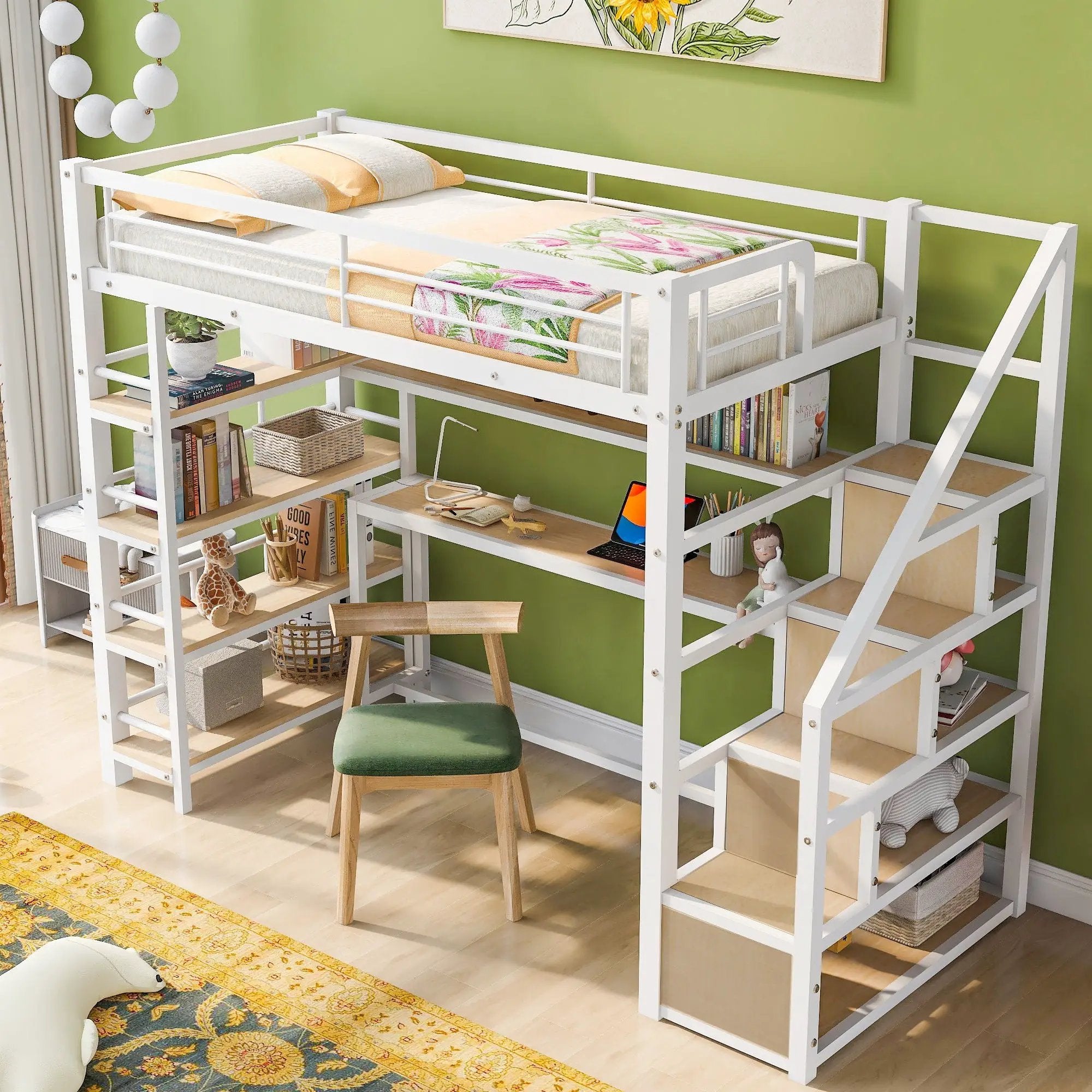 Twin Size Loft Bed With Built In Desk, Staircase Storage & 4 Tier Shelves - White by HouseOfZazla