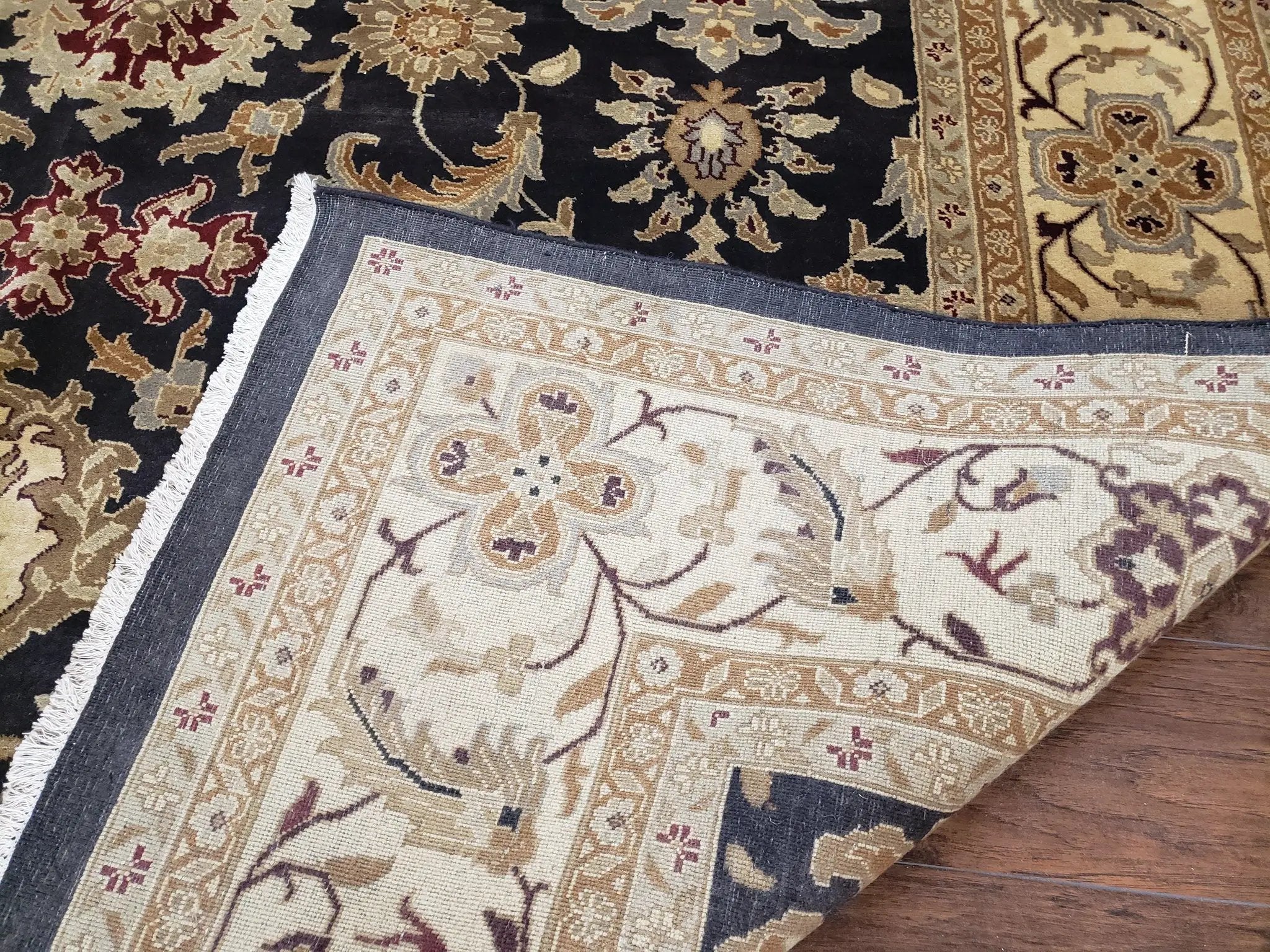Indo Mahal Rug 8x12, Indian Sultanabad Handmade Area Rug, Vintage Hand-Knotted Wool Black Floral Traditional Oriental Dinning Room Rug by Jewel Rugs