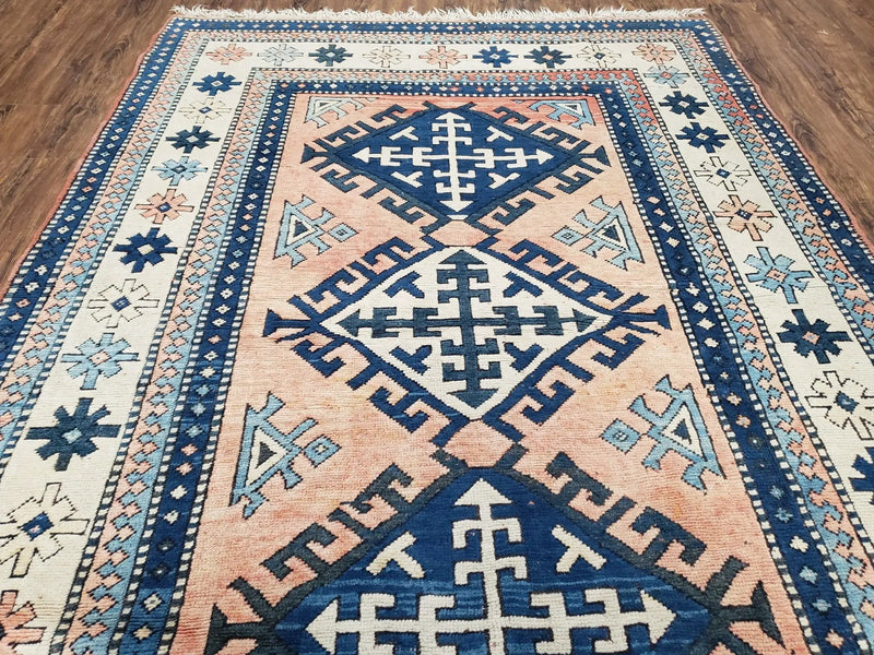 Turkish Kazak Rug 5x8 ft, Bold Geometric Bohemian Carpet, Blue and Ivory Hand Knotted Area Rug, Medium Sized High Quality Wool Oriental Rug by Jewel Rugs