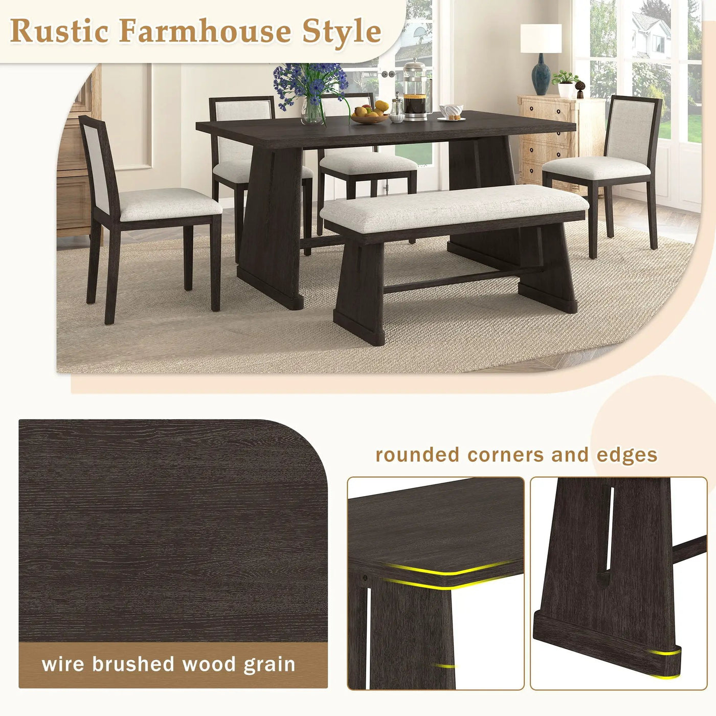 Dining Set With Rectangular Table, 4 Upholstered Chairs & 1 Padded Bench by Unique Piece Furniture