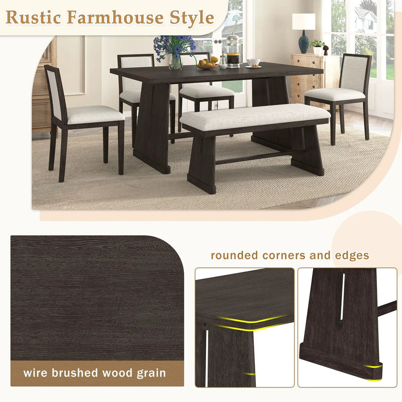 Dining Set With Rectangular Table, 4 Upholstered Chairs & 1 Padded Bench