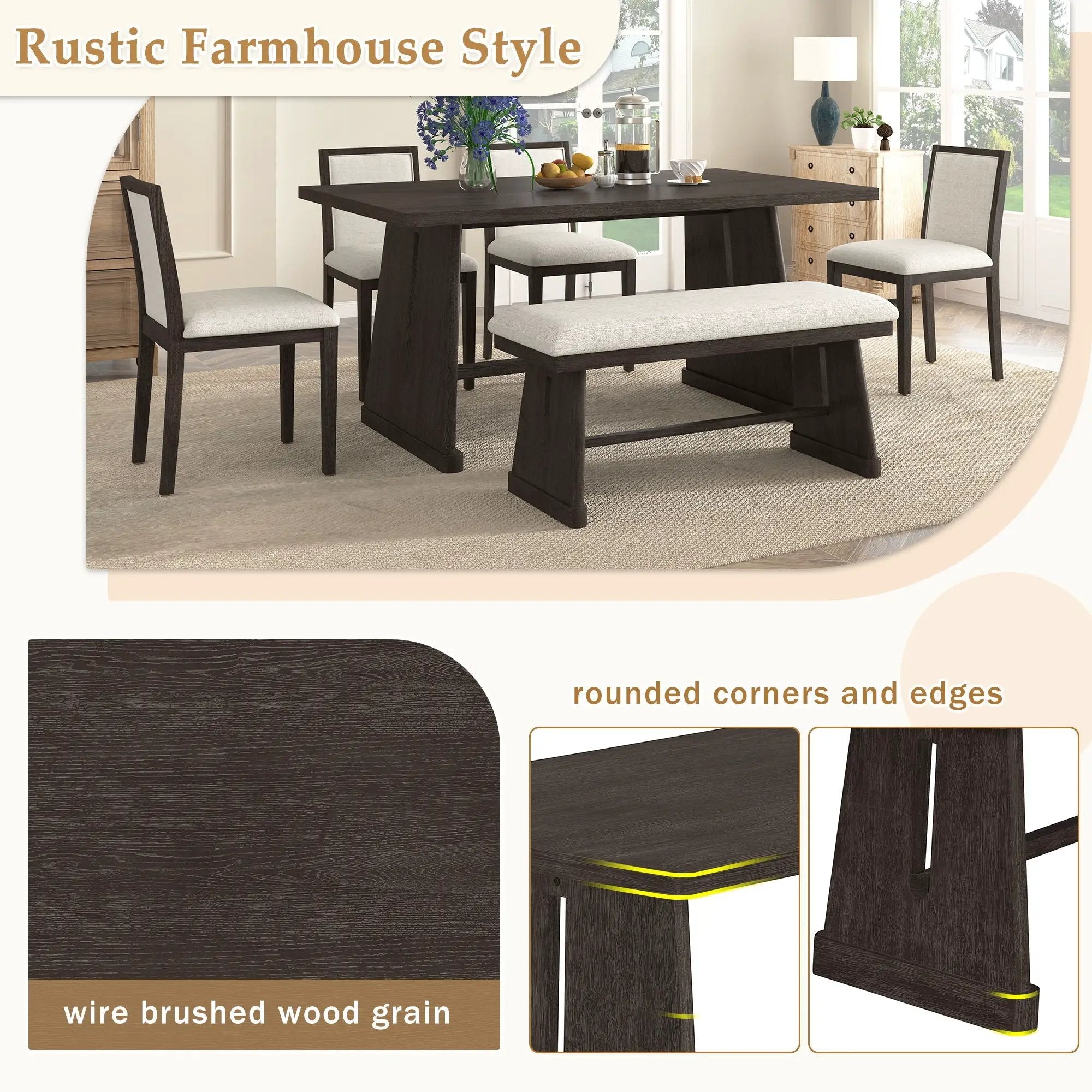 Dining Set With Rectangular Table, 4 Upholstered Chairs & 1 Padded Bench by HouseOfZazla