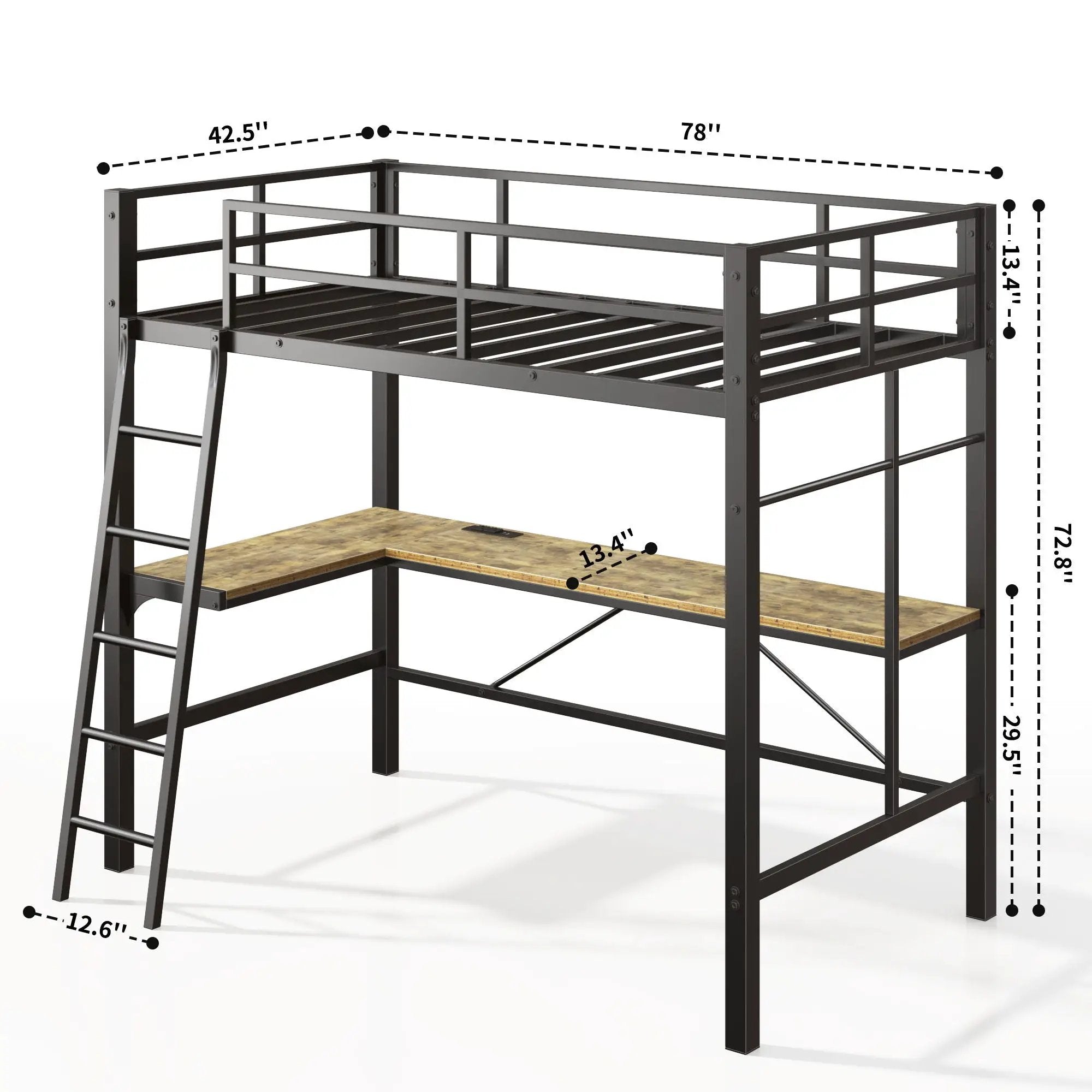 Twin Metal Loft Bed With L - Shaped Desk, Charging Station Loft Bed Frame Twin Size, Safety Guard & Ladder, No Box Spring Needed - Black by Unique Piece Furniture