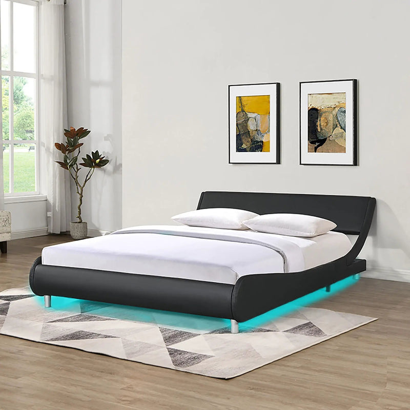 Queen Size Upholstered Platform Bed Frame With LED Lighting, Curve Design, Slat Support, No Box Spring Needed - Black by Unique Piece Furniture