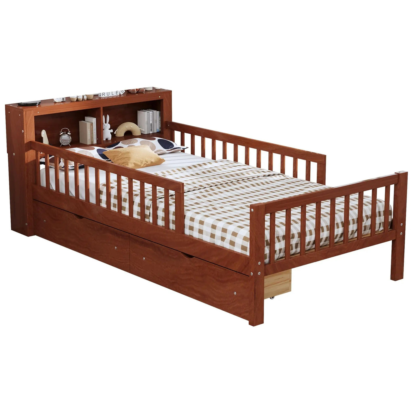 Bed With Headboard Storage Rack, 2 Under Bed Drawers, 3 Side Guardrails For Safety by HouseOfZazla