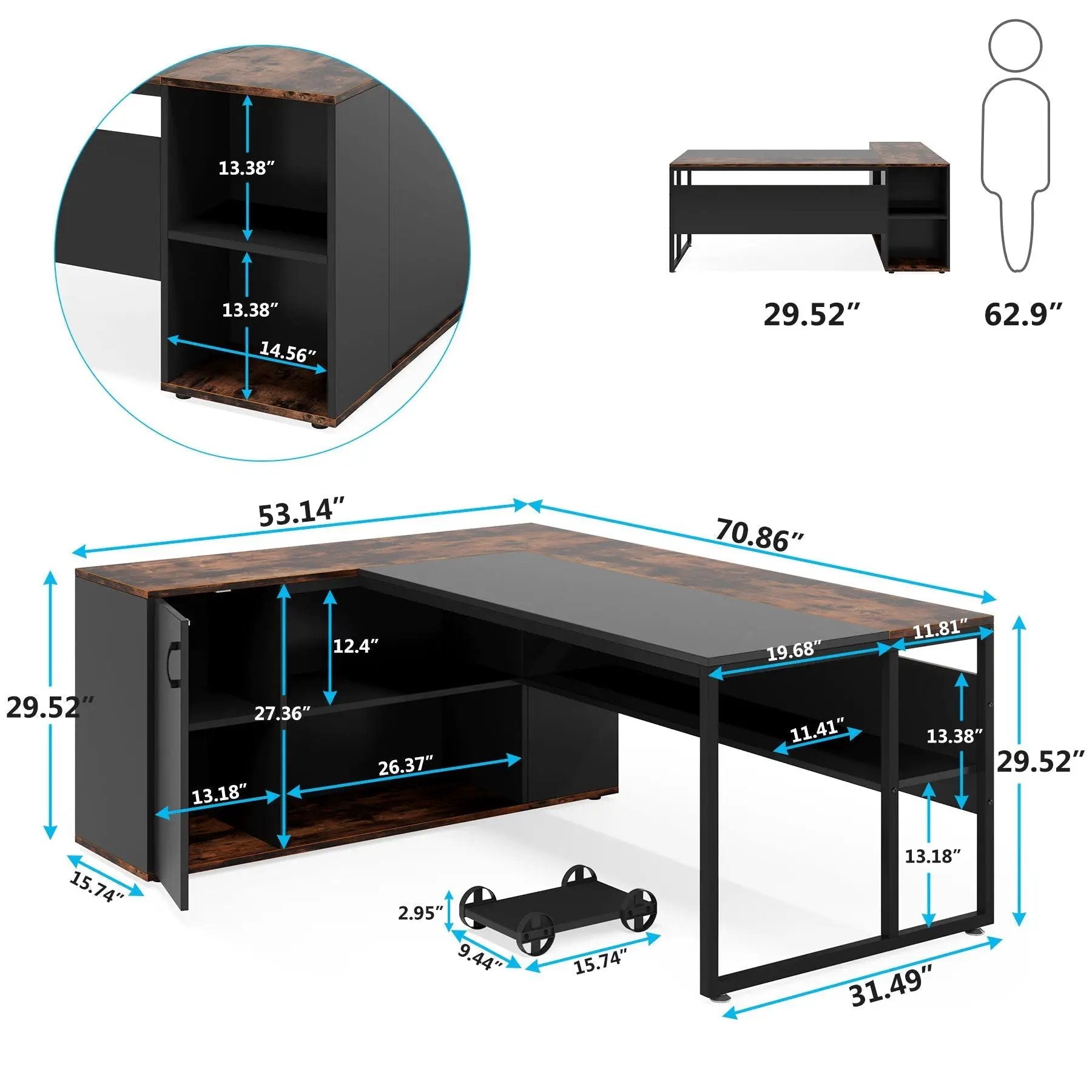 L-Shaped Executive Desk With Storage Cabinet & Shelves, Home Office Workstation With Cpu Stand And Printer Station - Brown / Black by HouseOfZazla