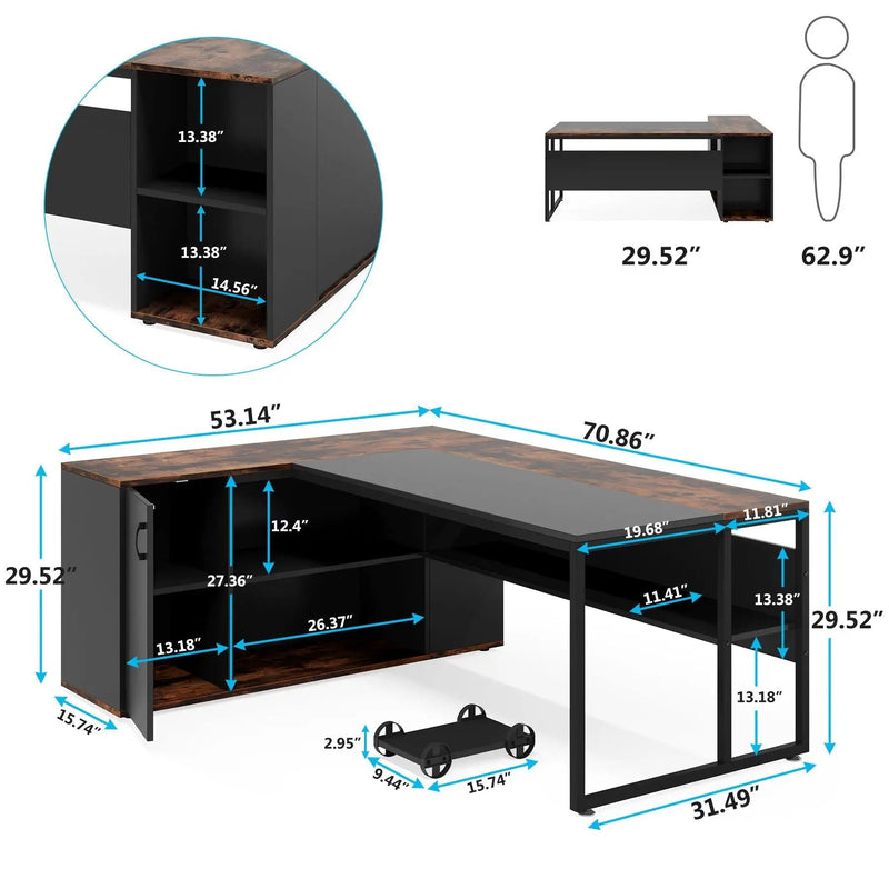L-Shaped Executive Desk With Storage Cabinet & Shelves, Home Office Workstation With Cpu Stand And Printer Station - Brown / Black by HouseOfZazla