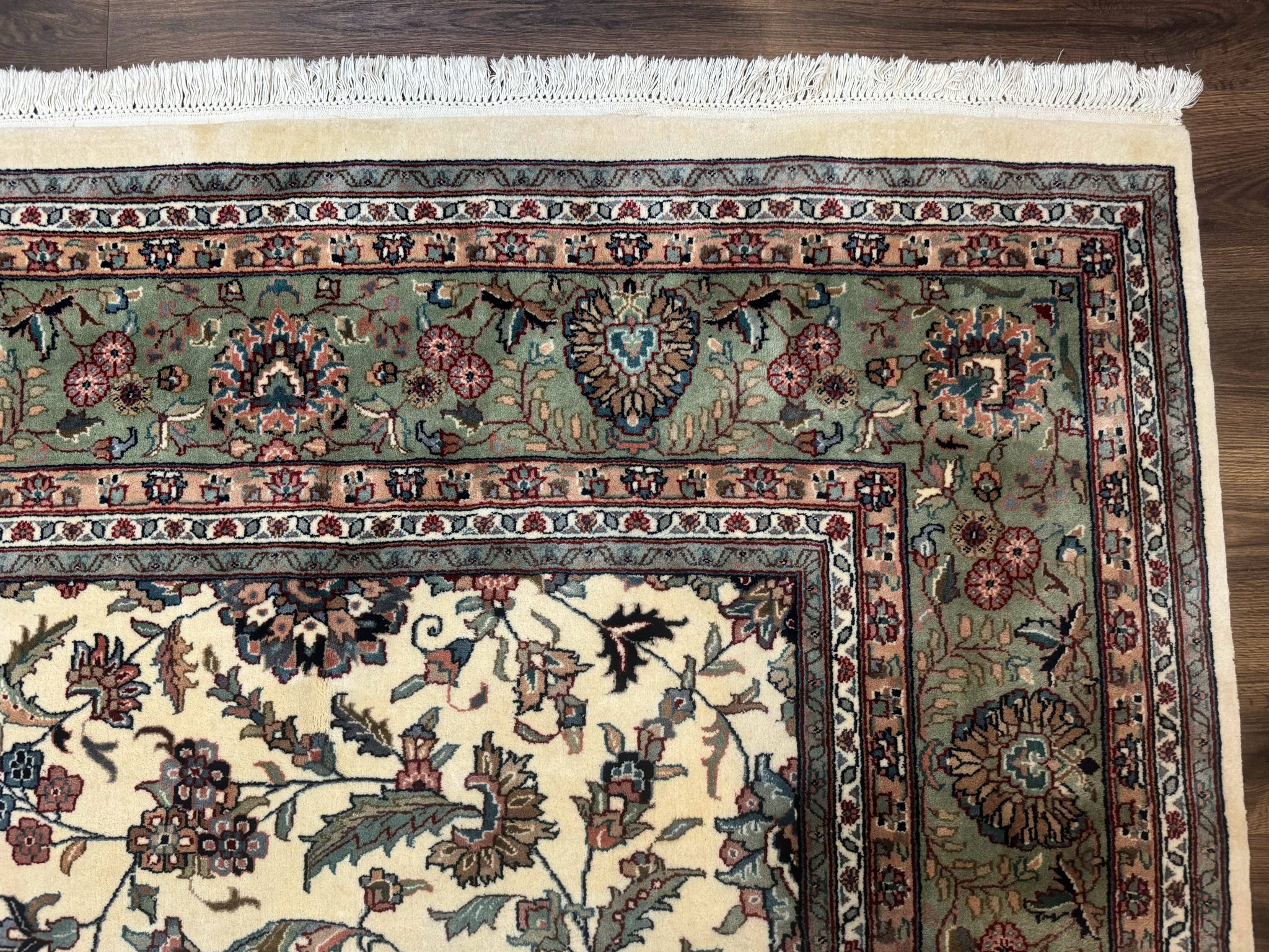 Indo Persian Rug 9x12, Allover Floral Pattern, Ivory & Green, Traditional Oriental Carpet by Jewel Rugs