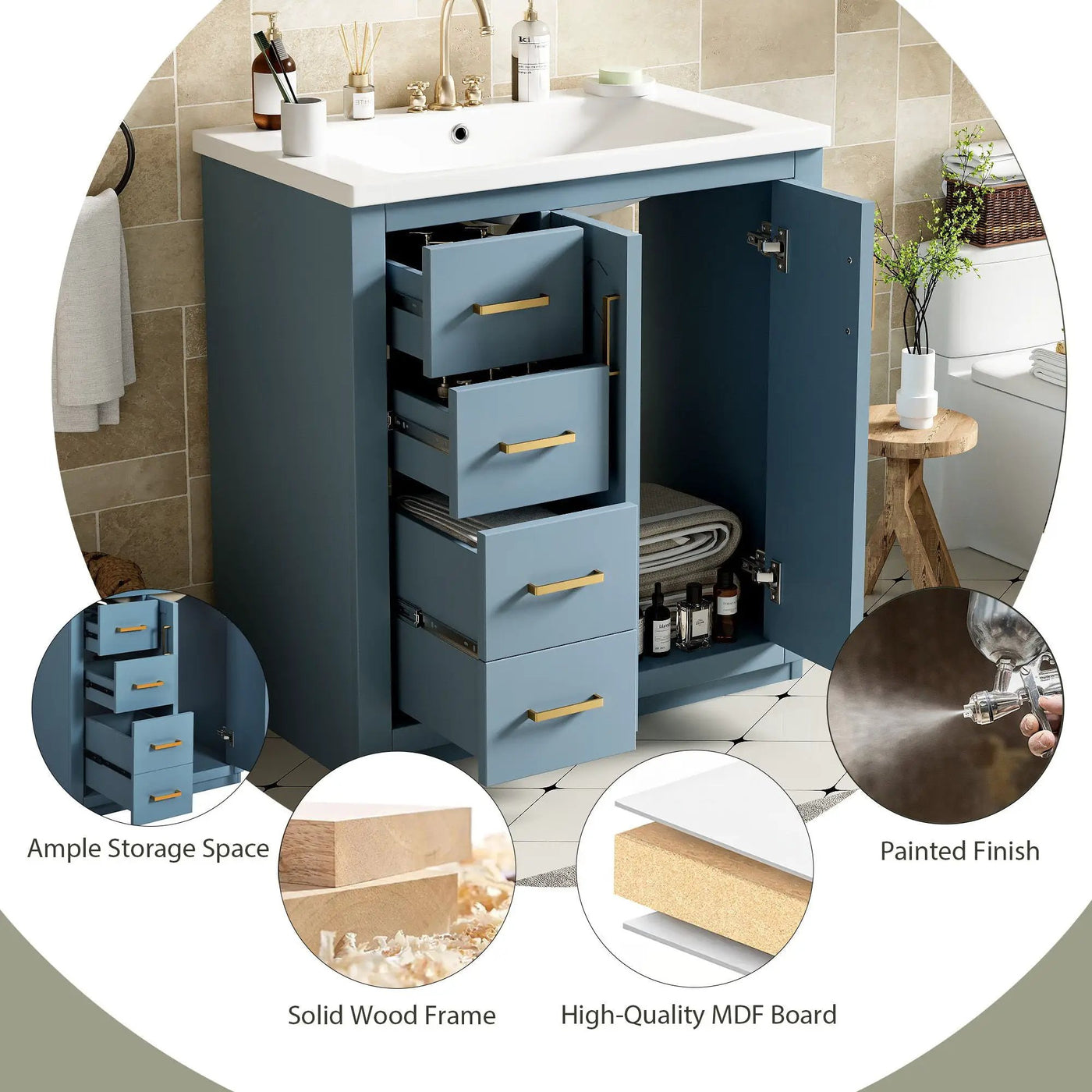 Ceramic Sink Combo, Freestanding Vanity Set With 3 Drawers & Soft Closing Doors by HouseOfZazla