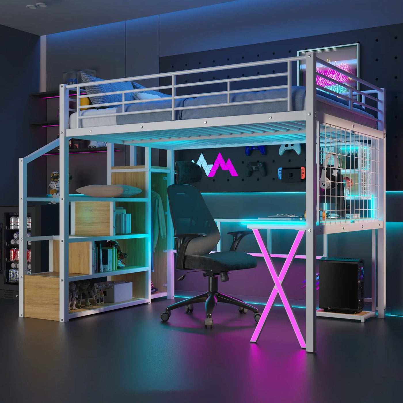 Loft Bed With Built In Work Station, Wardrobe, Storage Staircase And LED by HouseOfZazla