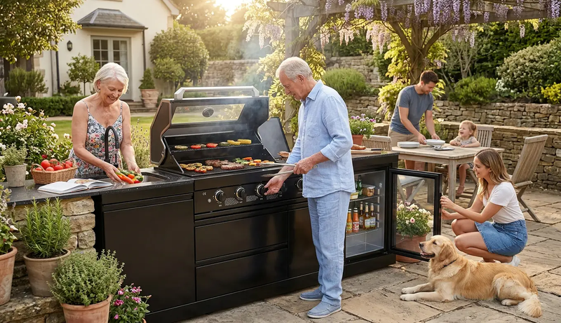 85" 4-Burner 72000 BTU Black Outdoor Kitchen Island Grill with Compact Refrigerator Marble Countertops Sink by Chery Industrial